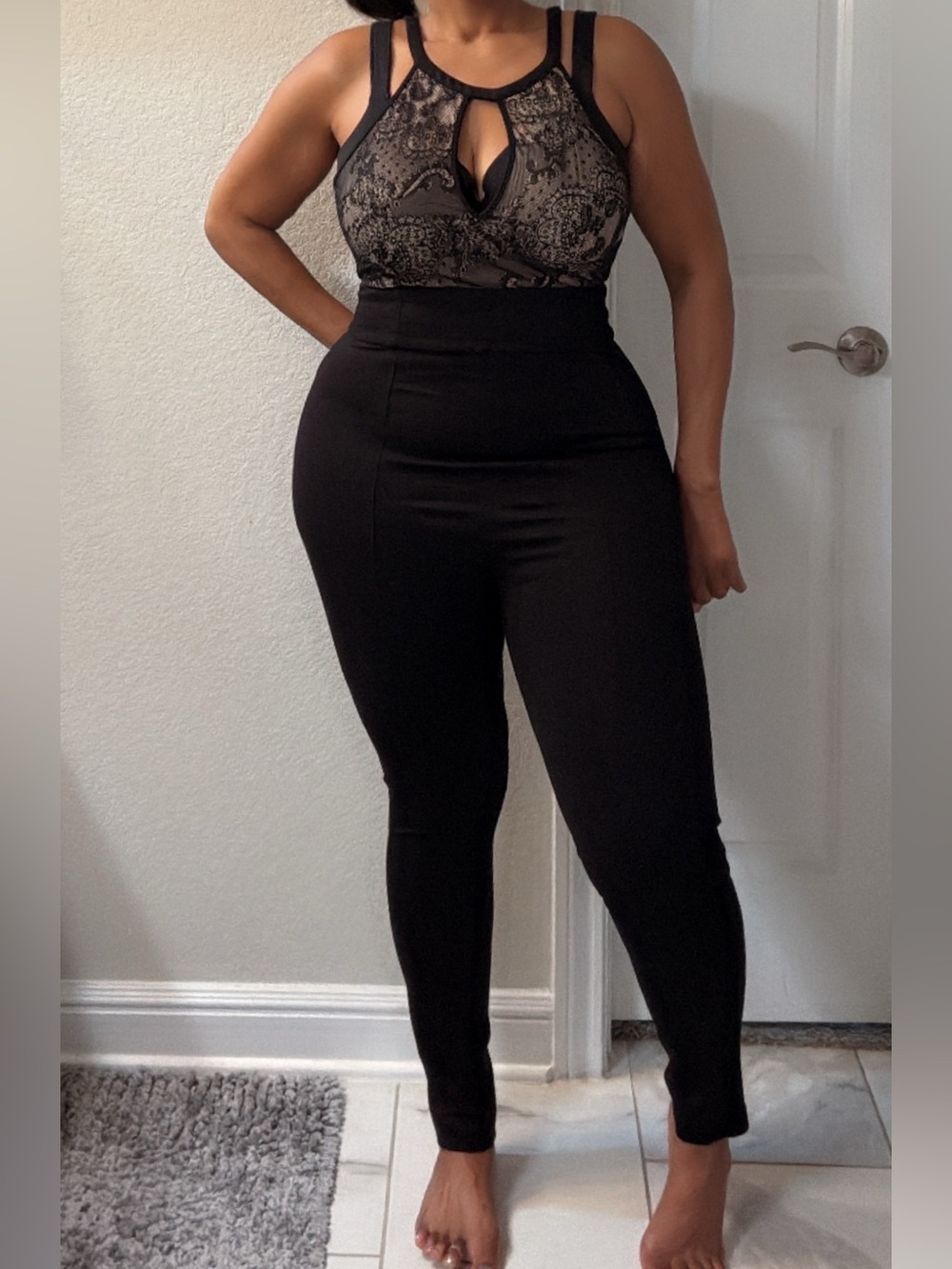 High-waist nude & black jumpsuit-Sleek Women's